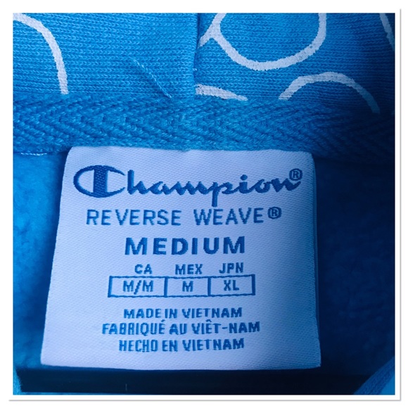 Champion Reverse Weave Bubble Script Blue Hooded Sweatshirt Size Medium - Picture 7 of 8